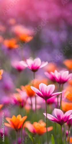 Spring flowers emerging gently  a burst of life in a minimalist landscape. Softly out of focus  lending an ethereal charm