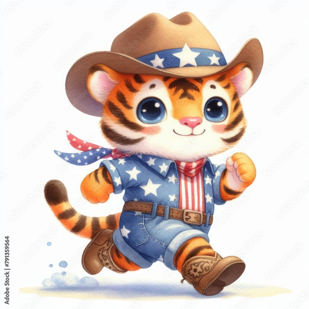 Fototapeta premium Tiger Walking Patriotic with American Flag. Watercolor 4th July Memorial Day Clip Art. Celebration USA (United State) Independence Day Art Cute Cartoon Character
