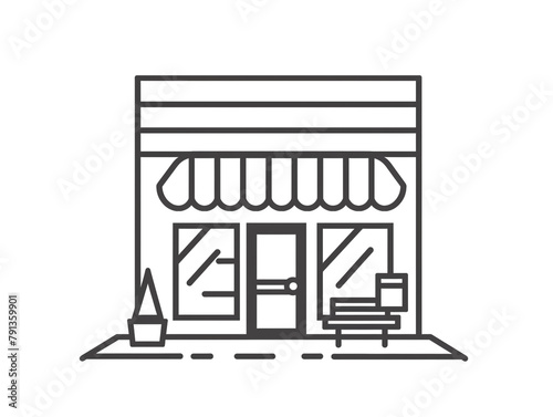 Outline icon of small storefront facade. Black line on white background. 