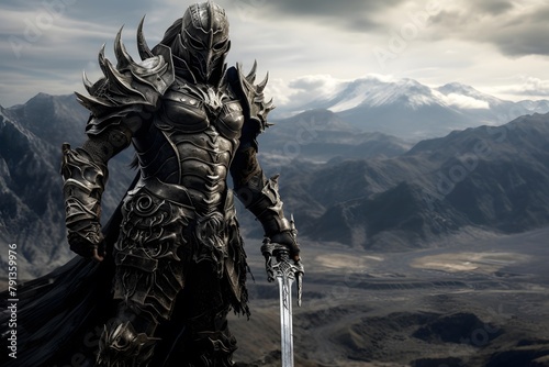 3D rendered illustration of a fantasy warrior in the background of mountains