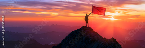  Silhouette of businessman holding flag on top mountain sky and sunset background business success concept , Silhouette of businessman achieving success on mountain top 
