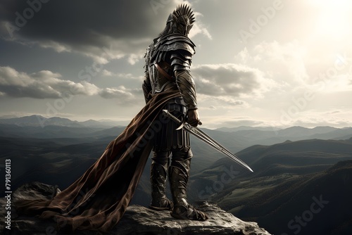 Medieval knight with sword on the top of mountain. 3d render