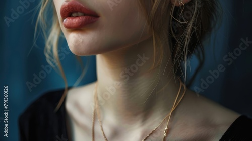 A close-up of a caucasian woman wearing minimal shin with soft light and lips in the foreground , generated by AI photo