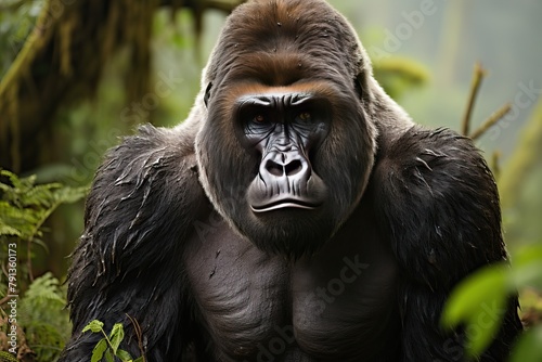 Close-up portrait of a gorilla in the wild.