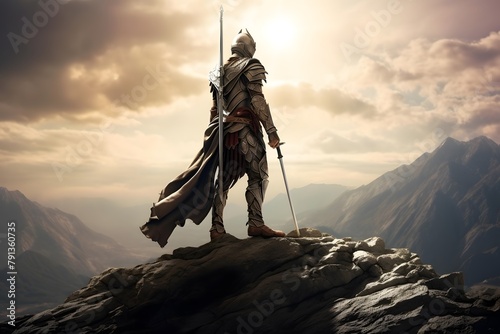 Medieval knight on the top of a mountain. 3d render photo