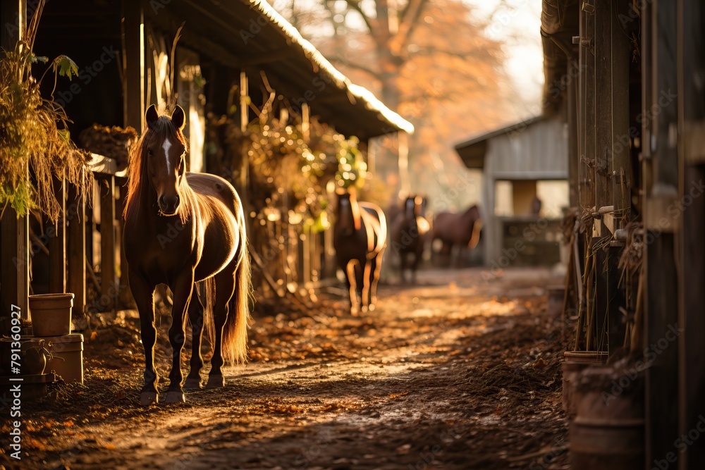 Naklejka premium An old stable with horses, a cozy country stable.