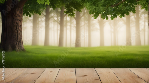 empty wooden table on grass in a sunlit park with blurred nature background