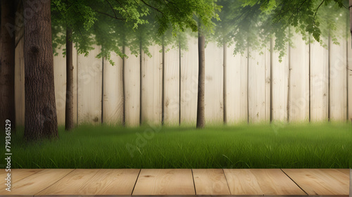 empty wooden table on grass in a sunlit park with blurred nature background