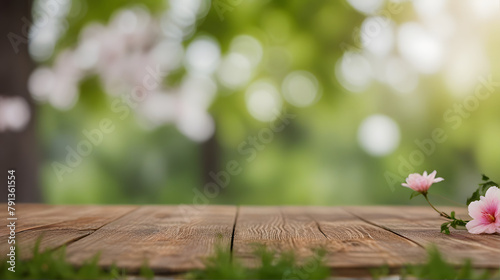 Spring flowers arranged on an empty wooden table in a sunny garden garden with bokeh background.