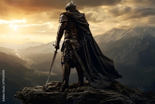 Medieval knight with sword on top of mountain. 3d render