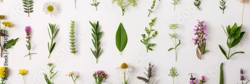 a delicate lineup of various flowers with elegant stems on a white background, conveying a sense of purity and simplicity.