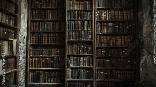 A large bookshelf filled with dusty tomes on the occult and spirits stands against one wall. .