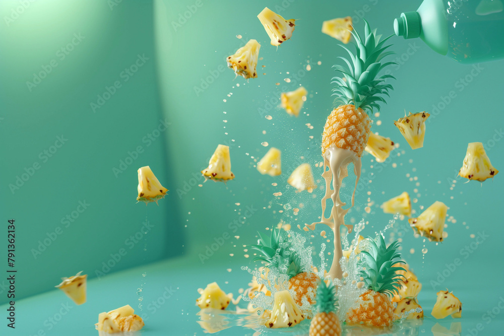 Blue bottle from which water, juice flows, everywhere are yellow pineapples, water splashes, the background is blue