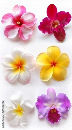 A delicate and artistic arrangement of various wildflowers, with vibrant colors against a white background. Each flower displays unique beauty, suitable for decorative and botanical themes.