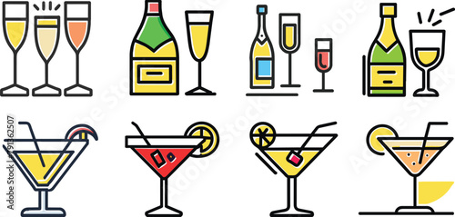 Set of flat cocktail and champagne, drink icon, vector illustration.