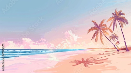 Tropical beach drawing in pastel colors  minimalist style. Background for summer holiday and travel vacation concept.