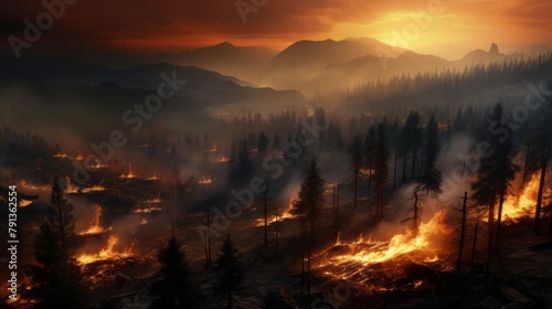 A fire engulfs the forest and dry grass, leaving a black layer of burning and ash on the ground