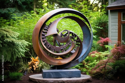 Garden Decor Sculpture: Focus on a specific sculpture as the centerpiece.