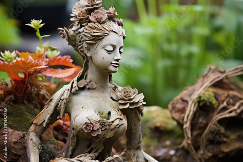 Garden Decor Sculpture: Focus on a specific sculpture as the centerpiece.