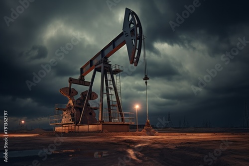 A Oil drilling machine in the desert, Industry, energy industry, gas station at sunset
