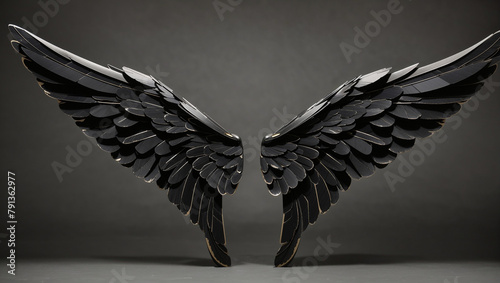A pair of black metal wings with intricate feather detailing.