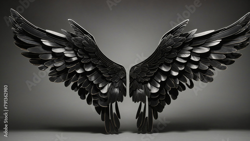 A pair of black metal wings with intricate feather detailing.

