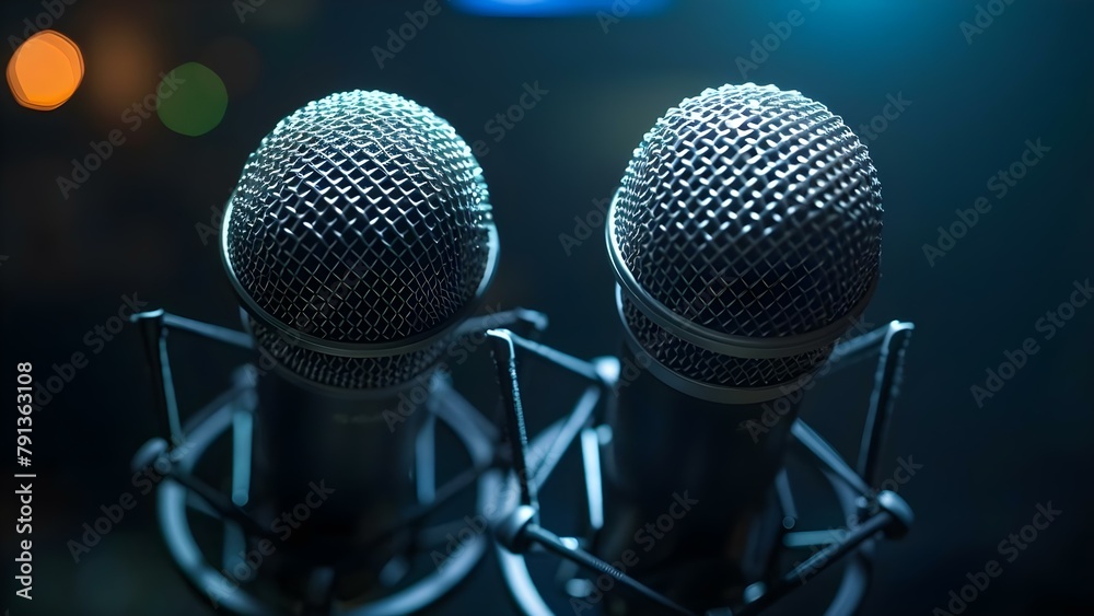 Two microphones in a dimly lit room for podcast or interview concept. Concept Podcast Setup, Interview Setup, Dim Lighting, Dual Microphones, Studio Background - obrazy, fototapety, plakaty 