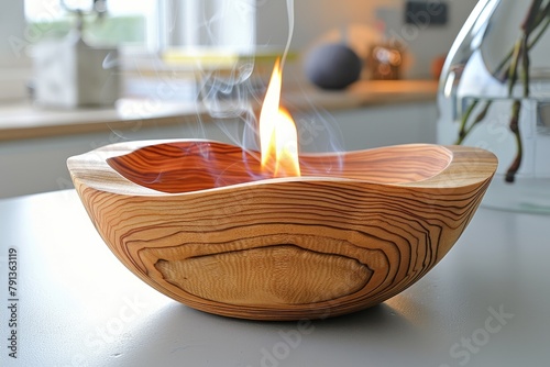 Handmade wooden bowl with a burning candle, creating a cozy ambiance on a clean white table