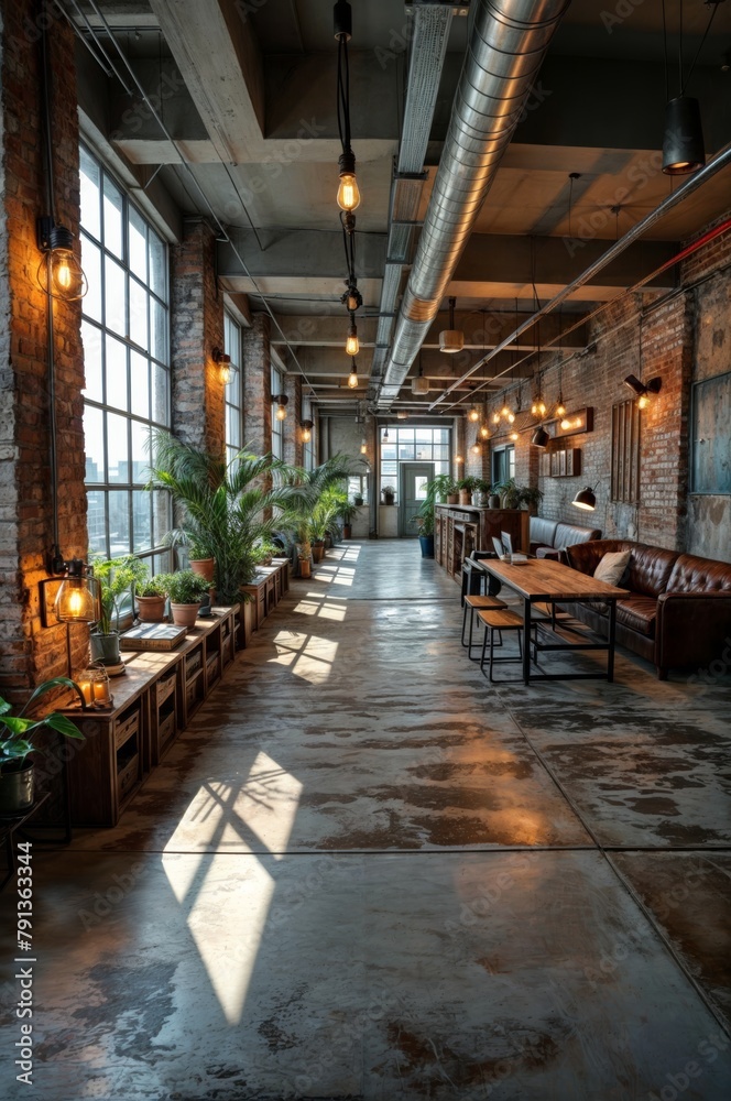 Interior of a loft cafe with brick walls and concrete floor.