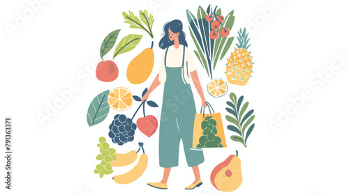 Woman carrying shopping bag with fruits and organic f