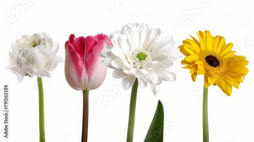 A delicate and artistic arrangement of various wildflowers, with vibrant colors against a white background. Each flower displays unique beauty, suitable for decorative and botanical themes. © MiniMaxi
