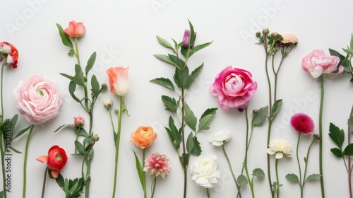 A delicate and artistic arrangement of various wildflowers, with vibrant colors against a white background. Each flower displays unique beauty, suitable for decorative and botanical themes. photo