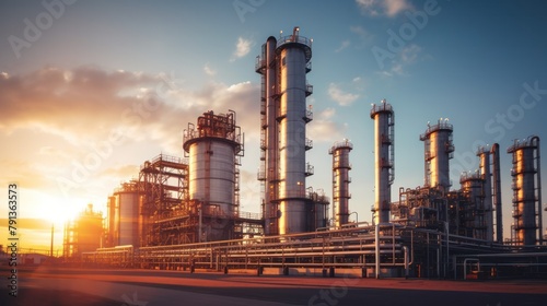 Oil refinery and plant and tower column of Petrochemistry industry in oil and gas industrial with cloud orange sky sunrise background