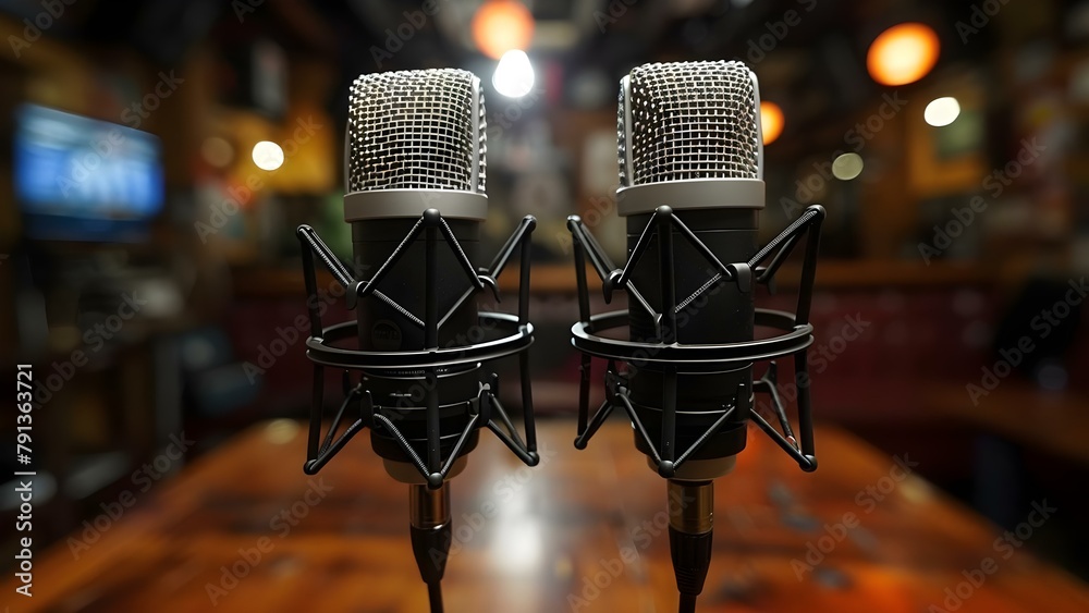 Two microphones in a dimly lit podcast studio with wide banner backdrop. Concept Podcasting, Studio Equipment, Banner Backdrop, Dim Lighting, Professional Setup - obrazy, fototapety, plakaty 