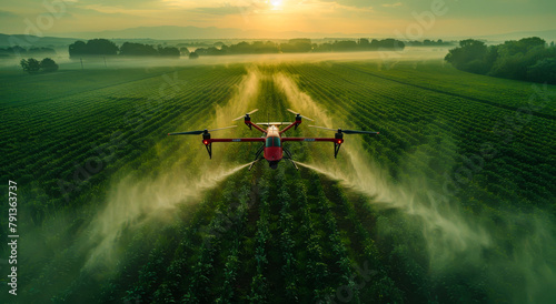 Drone spraying field with pesticides. Agriculture drone fly to sprayed fertilizer photo