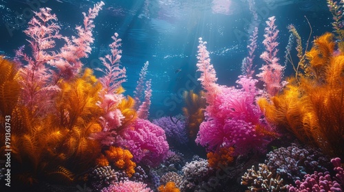 An underwater paradise unfolds with a vivid coral reef basking in the sunlight that filters through the ocean's surface, teeming with marine life. Underwater botanical scene with seaweed © Vilaysack