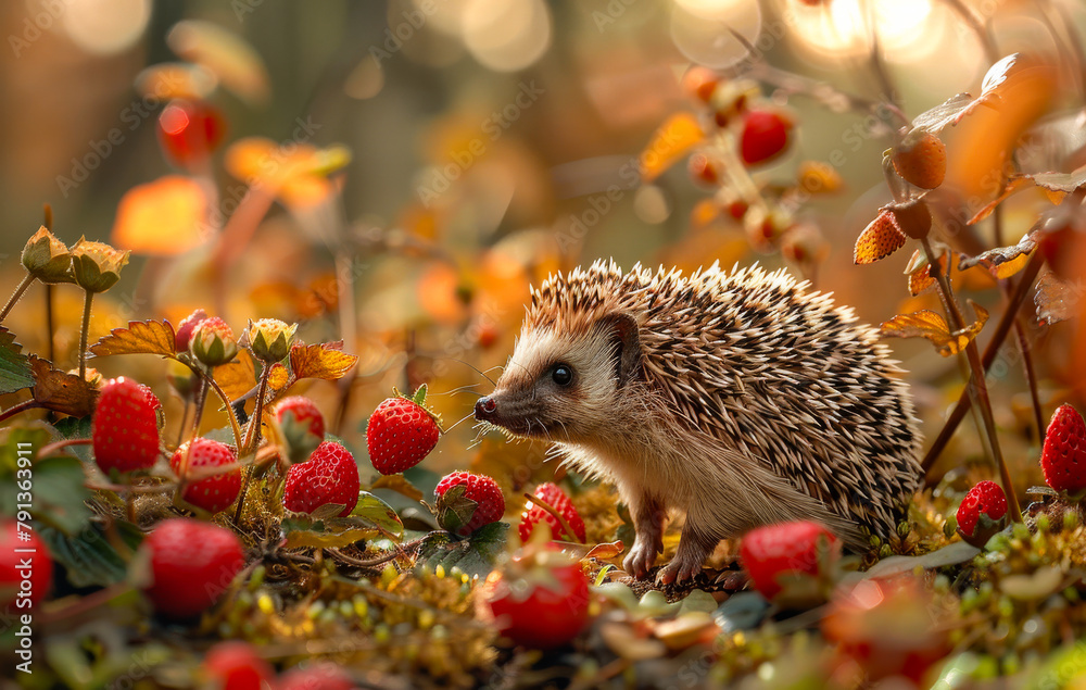 Hedgehog eating strawberries in the garden Hedgehog eating strawberries in the garden