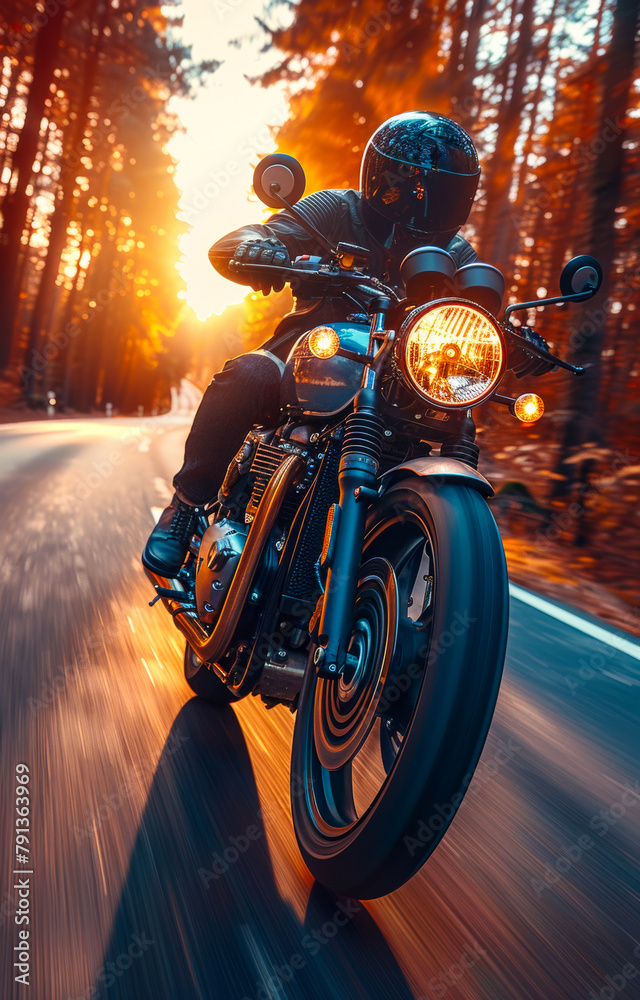 Motorcyclist riding motorcycle on asphalt road through the forest at sunset
