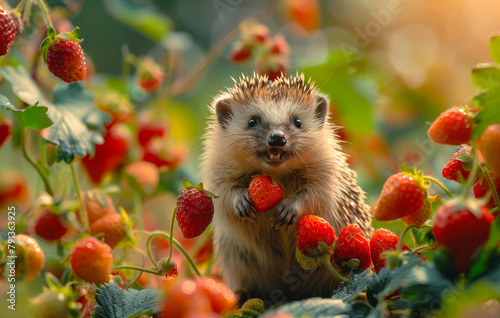 Hedgehog eats strawberries in the wild. A hedgehog in the garden
