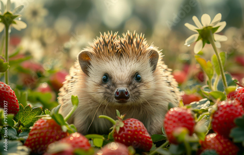 Hedgehog is walking on the strawberry field. A hedgehog in the garden