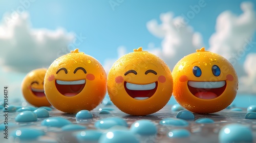 A display of 3D cute emoji stickers, placed on a solid sky blue background, bringing their playful personalities and expressive faces to life with the realism and depth of an HD camera.