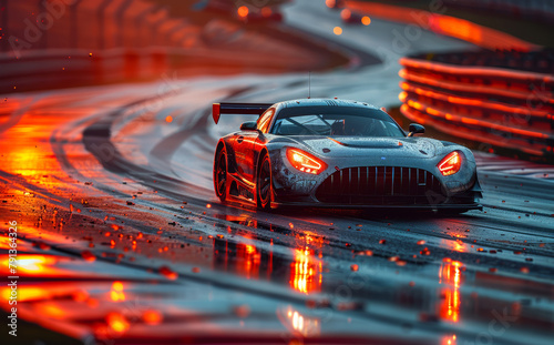 Sports car racing on the track with motion blur photo