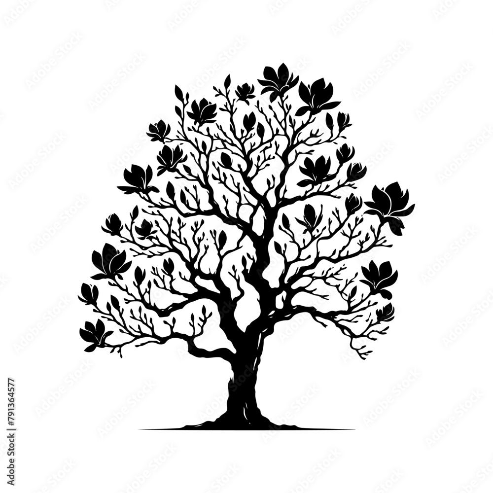 Fototapeta premium Black Vector Magnolia Tree Silhouette, Nature's Elegance Flourishing Under Moon's Glow- Magnolia Tree Illustration- Magnolia Tree Vector Stock.