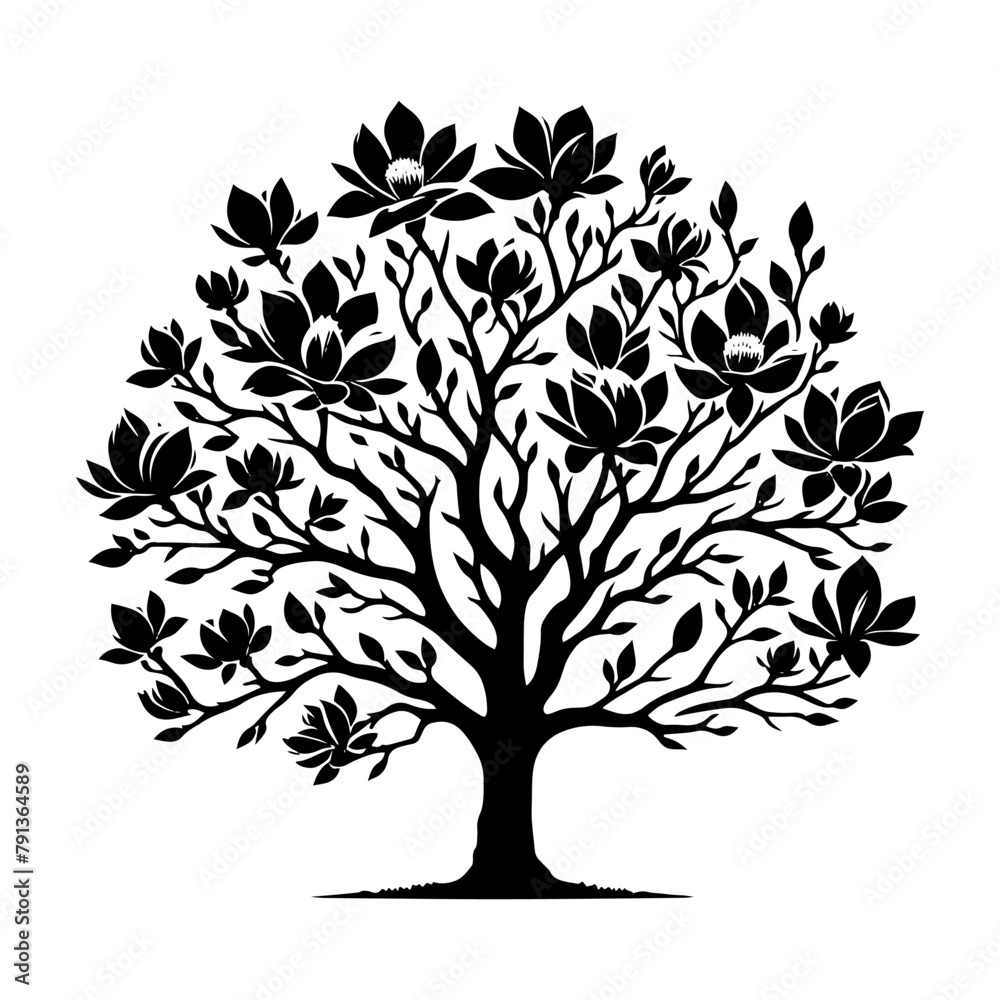 Fototapeta premium Black Vector Magnolia Tree Silhouette, Nature's Elegance Flourishing Under Moon's Glow- Magnolia Tree Illustration- Magnolia Tree Vector Stock.