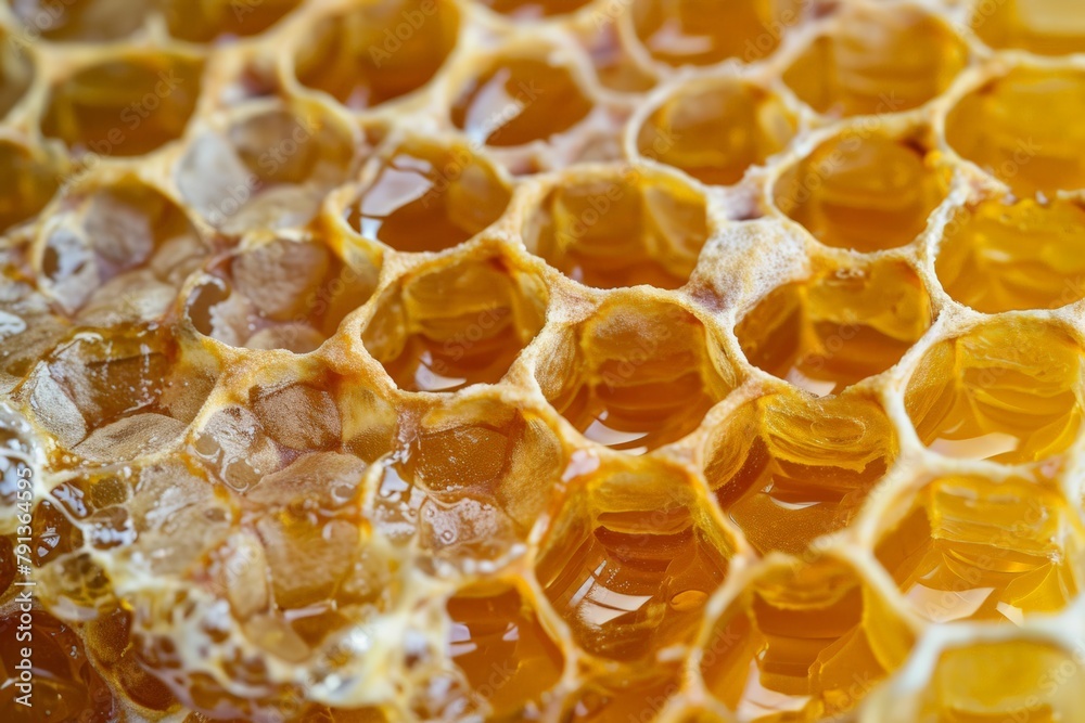 A close up of honeycomb cells, with honey dripping from the edges A close up of honeycomb cells, with honey dripping from the edges
