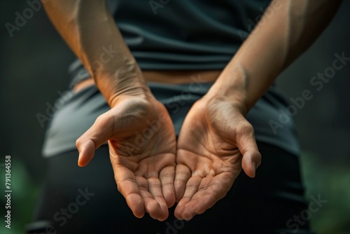 A woman's hands are folded in her lap