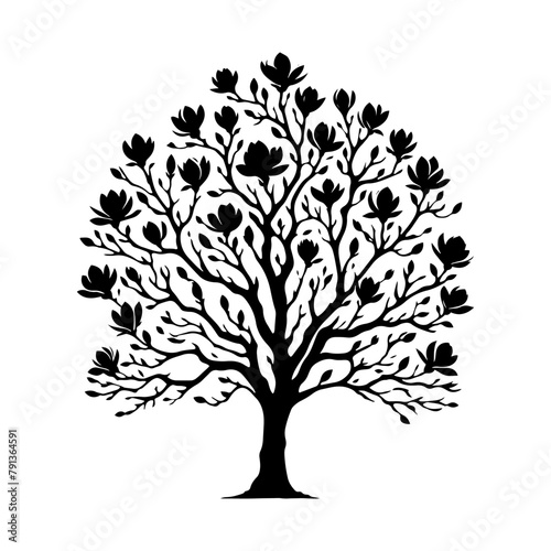 Black Vector Magnolia Tree Silhouette, Nature's Elegance Flourishing Under Moon's Glow- Magnolia Tree Illustration- Magnolia Tree Vector Stock.