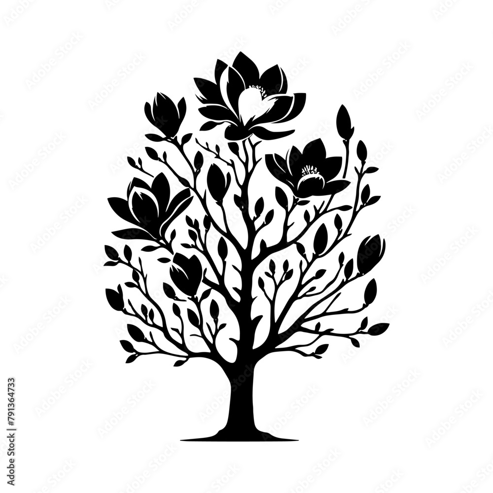 Obraz premium Black Vector Magnolia Tree Silhouette, Nature's Elegance Flourishing Under Moon's Glow- Magnolia Tree Illustration- Magnolia Tree Vector Stock.