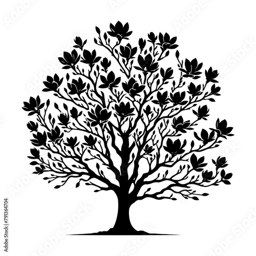 Black Vector Magnolia Tree Silhouette, Nature's Elegance Flourishing Under Moon's Glow- Magnolia Tree Illustration- Magnolia Tree Vector Stock.