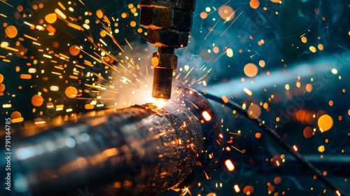 A close-up of a welding arc, blindingly bright sparks flying, molten metal forming a seam on a steel pipe © crazyass